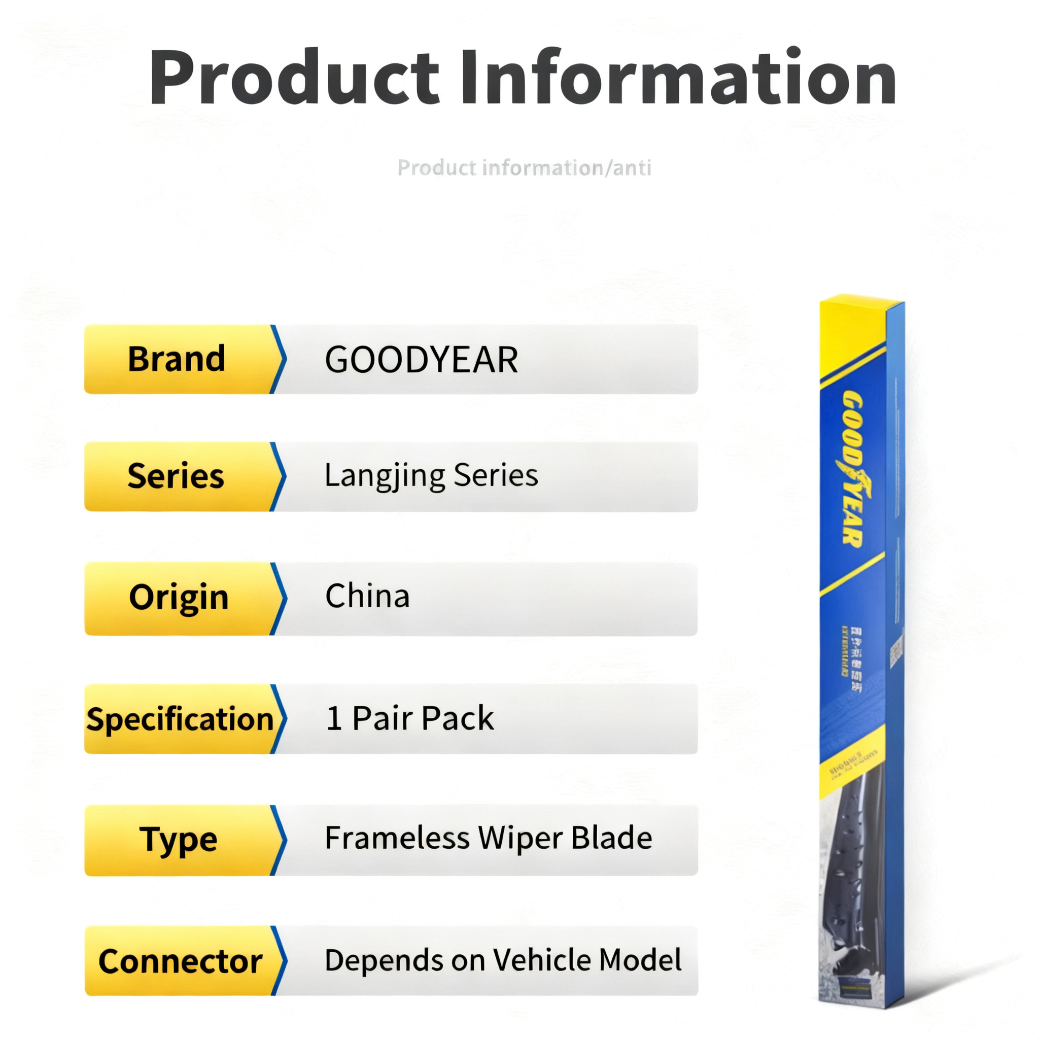 ข้อมูลผลิตภัณฑ์ใบปัดน้ำฝนไร้โครง Goodyear รุ่น Langjing บรรจุ 1 คู่ พร้อมกล่องบรรจุภัณฑ์สีน้ำเงินเหลือง